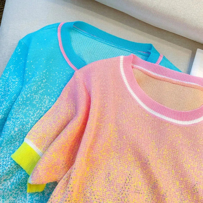 VINESU Gradient color hot diamond-heavy ice silk sweater