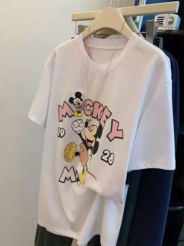 100% Cotton Mickey Mouse T-Shirt | Sequins + 3D Plush Padding + Chunky Diamond Gems