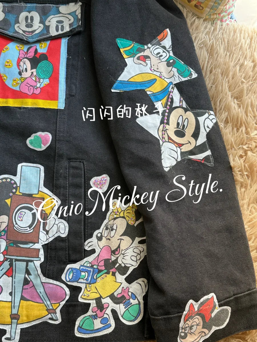 Vinesu A70 - Custom Mickey Patchwork Denim Jacket - Handmade Oversized Jean Jacket