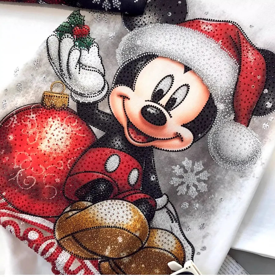 VINESU A08 - New Arrival Christmas Mouse Rhinestone Oversized Tee