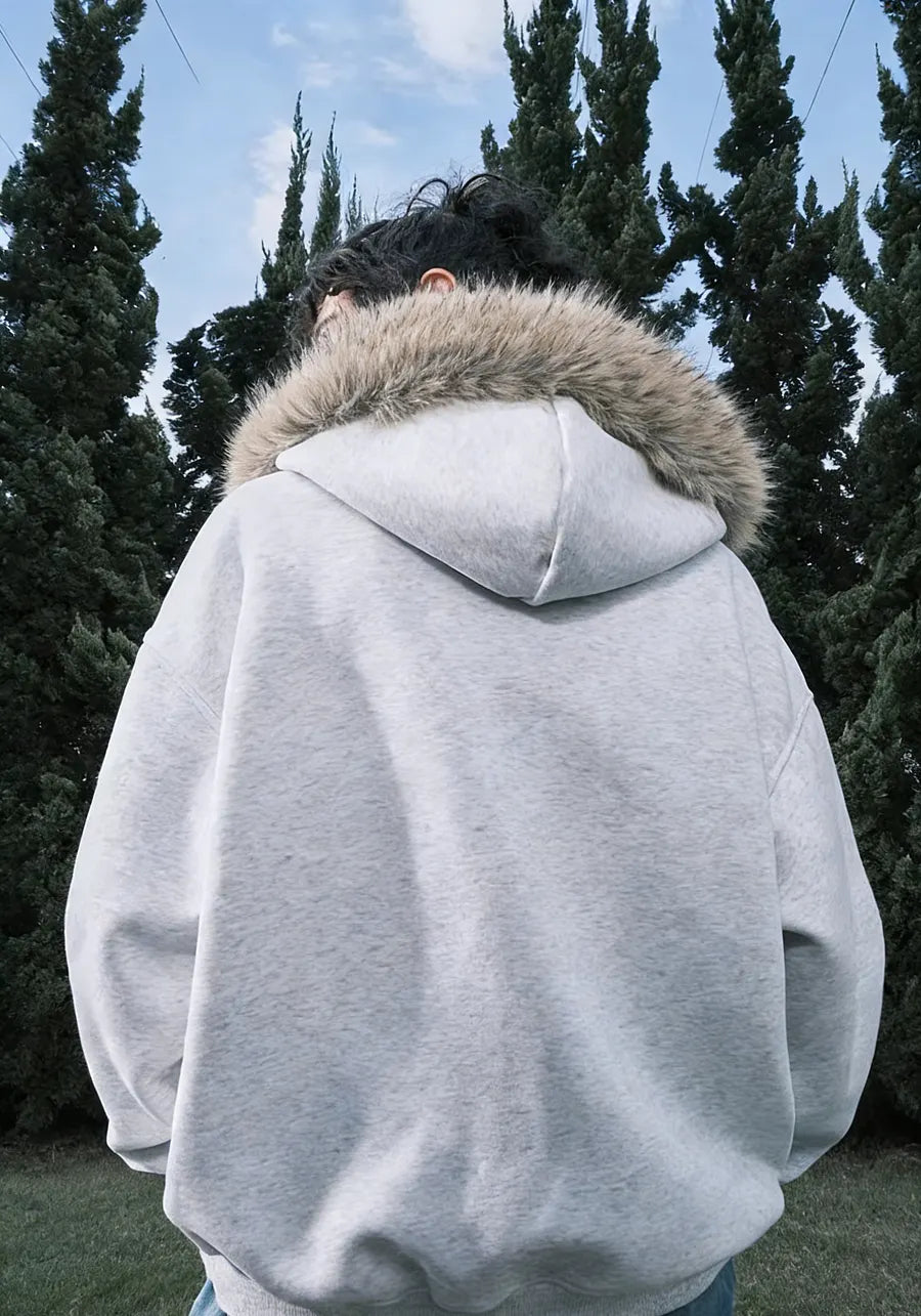 VINESU A34 - Oversized Fur Trim Rhinestone Letter Zip Up Hoodie, "Diversity" Graphic Streetwear Hoodie