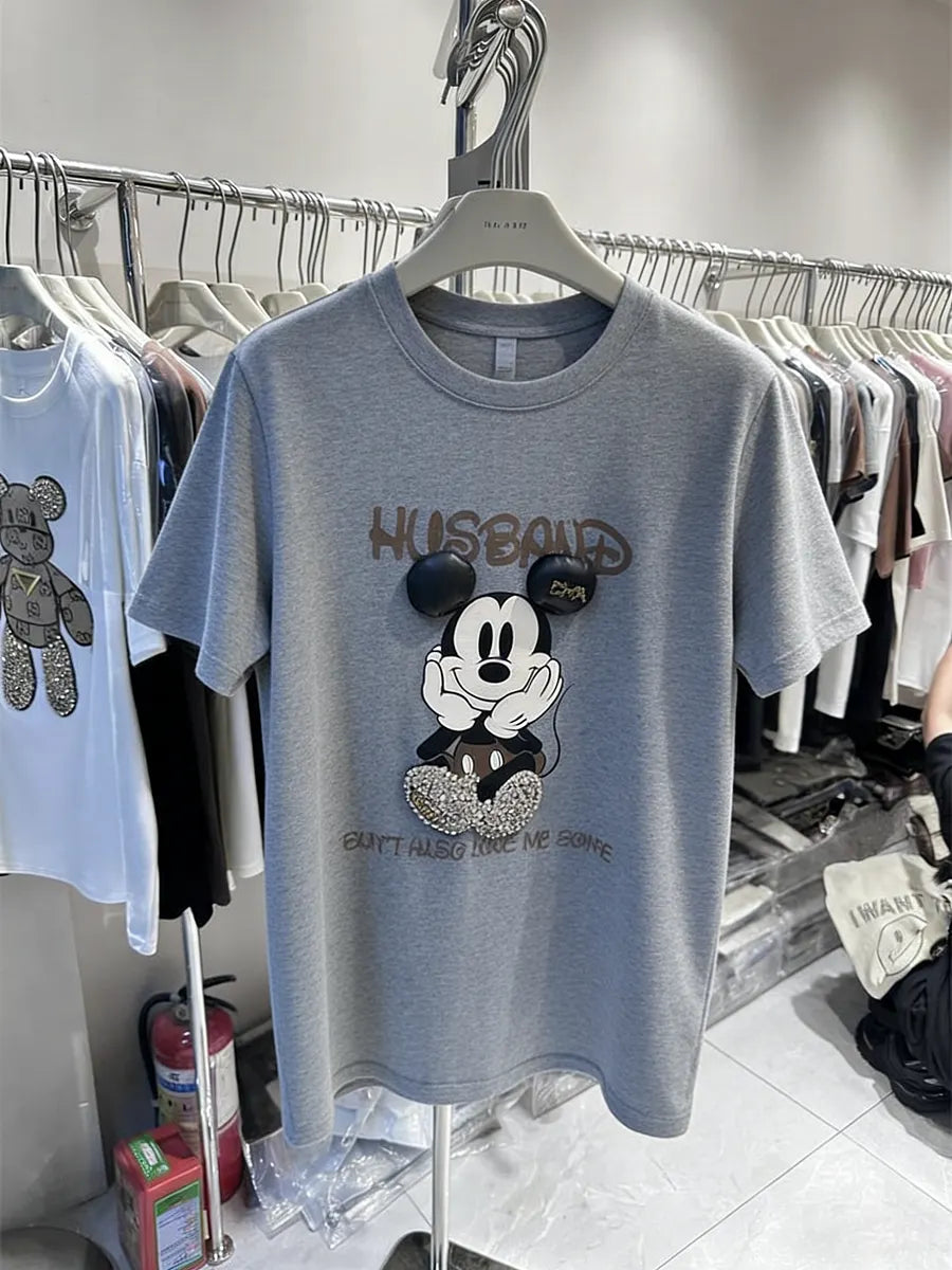 VINESU Rhinestone Cartoon Mouse TEE - 3D Bling Design, Sweet-Cool Street Style