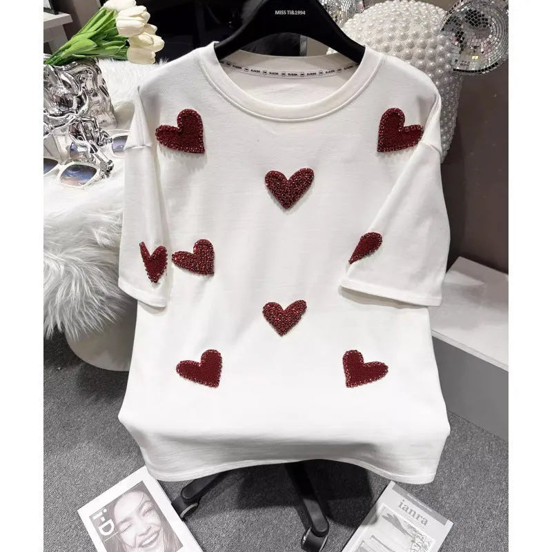 VINESU Spring New Creative Design-Brushed Flocking Diamond Heart Short Sleeve