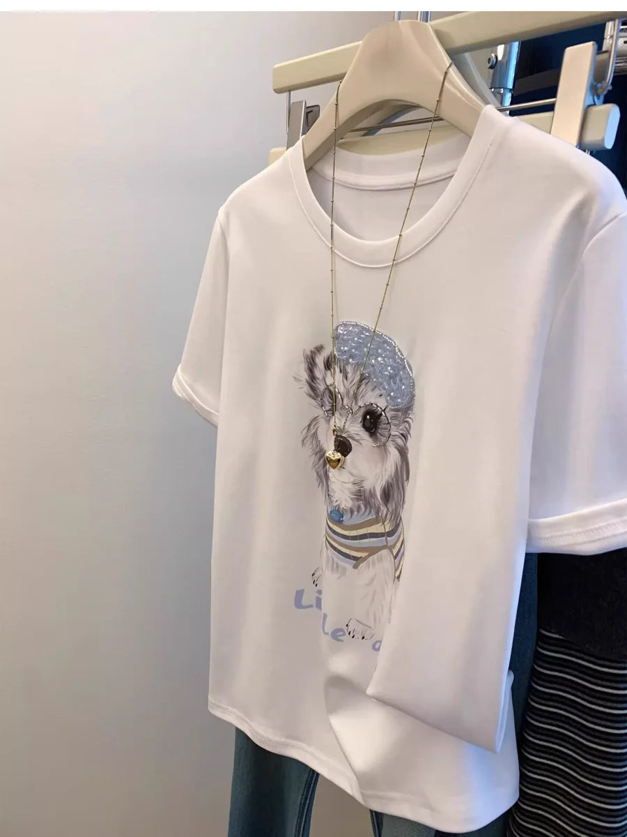 A100 - Cute Shih Tzu Graphic Tee - Women’s White 220g Premium Cotton T-Shirt with Sequin Beret