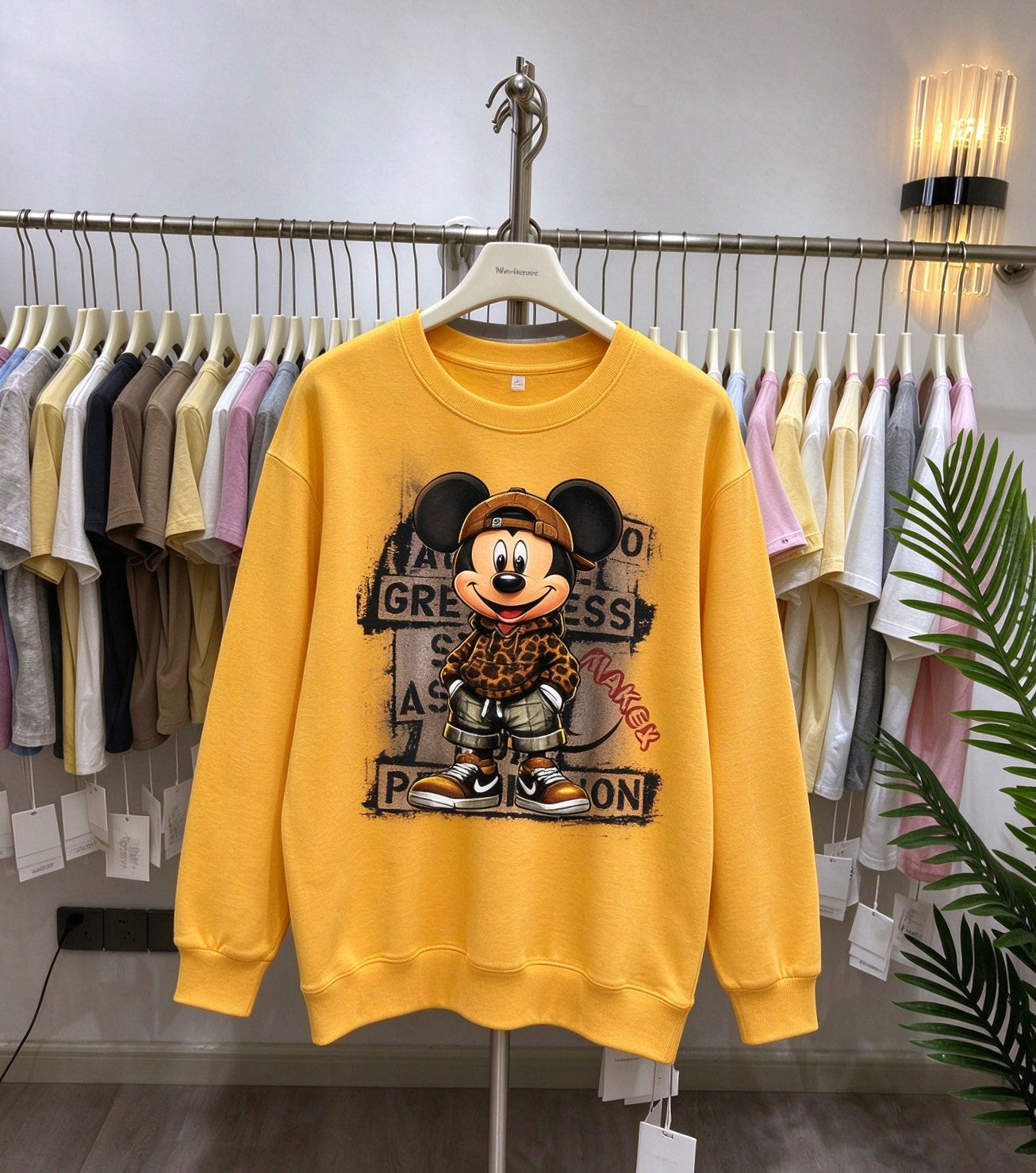 Leopard Street Mickey Graphic Cotton Sweatshirt | Casual Crewneck Pullover