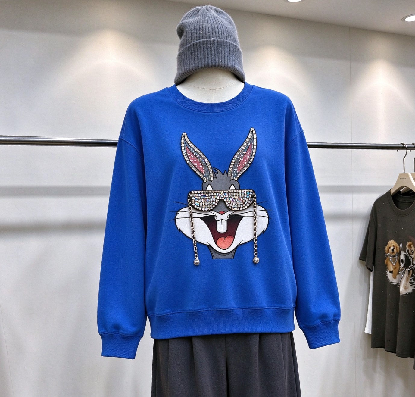Rhinestone Bugsbunny Graphic Sweatshirt | 3D Chain & Beaded Sunglasses Crewneck