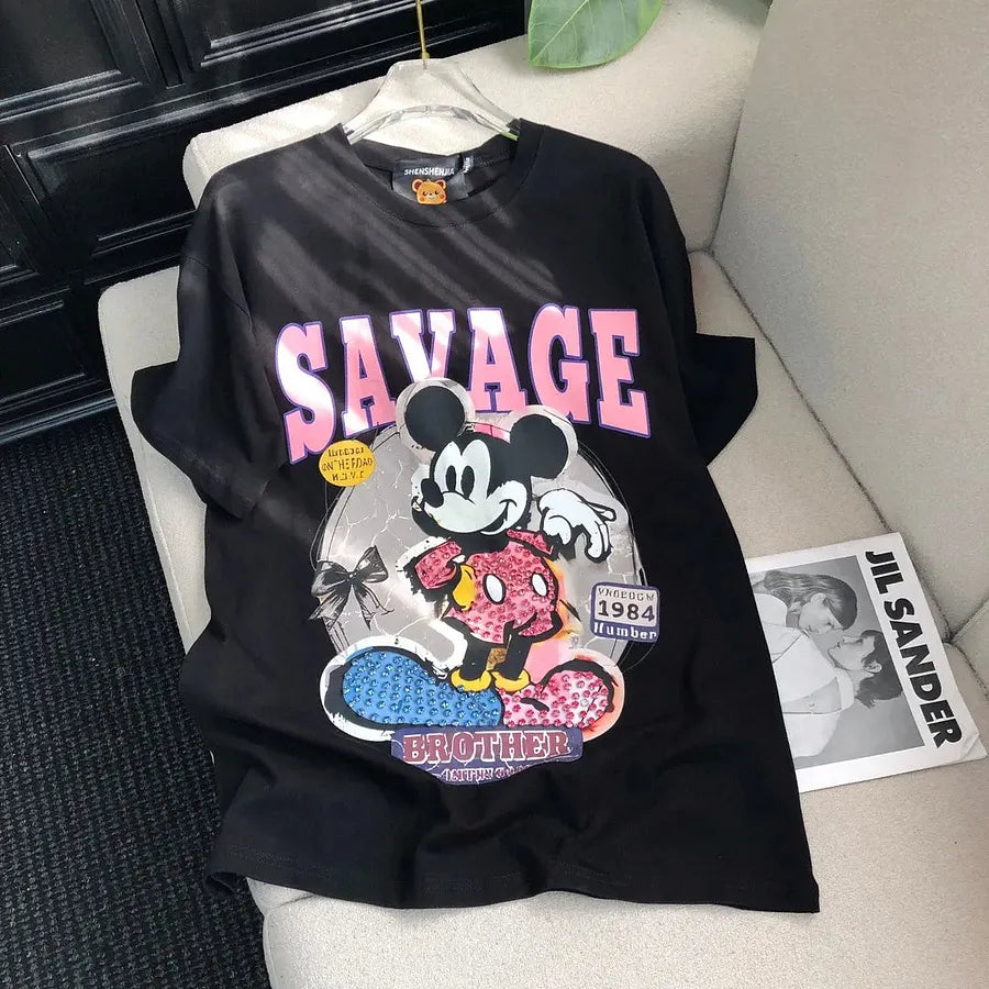 VINESU MKT08 - Oversize Graphic T-Shirt for Women - Retro Savage Print Unisex Cotton Tee