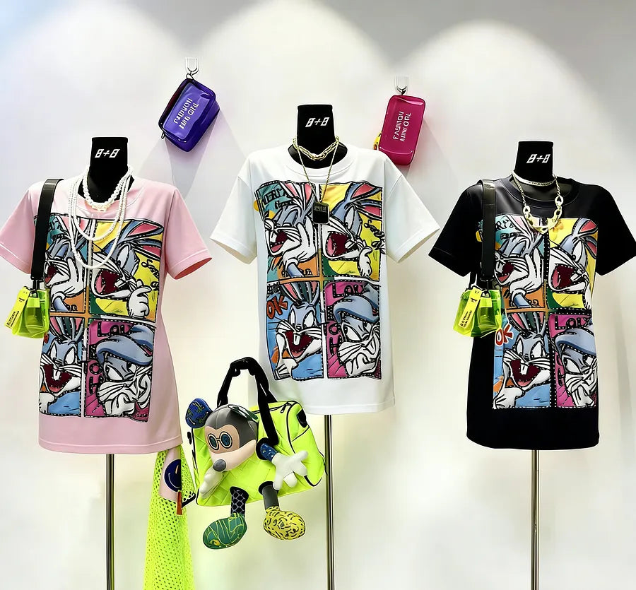 VINESU B03 - Hand-Studded Rhinestone Bunny Grid 220g Cotton Oversized Tee