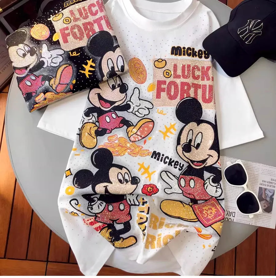 VINESU A09 - Lucky Fortune Mouse Oversized Tee with Custom Rhinestones