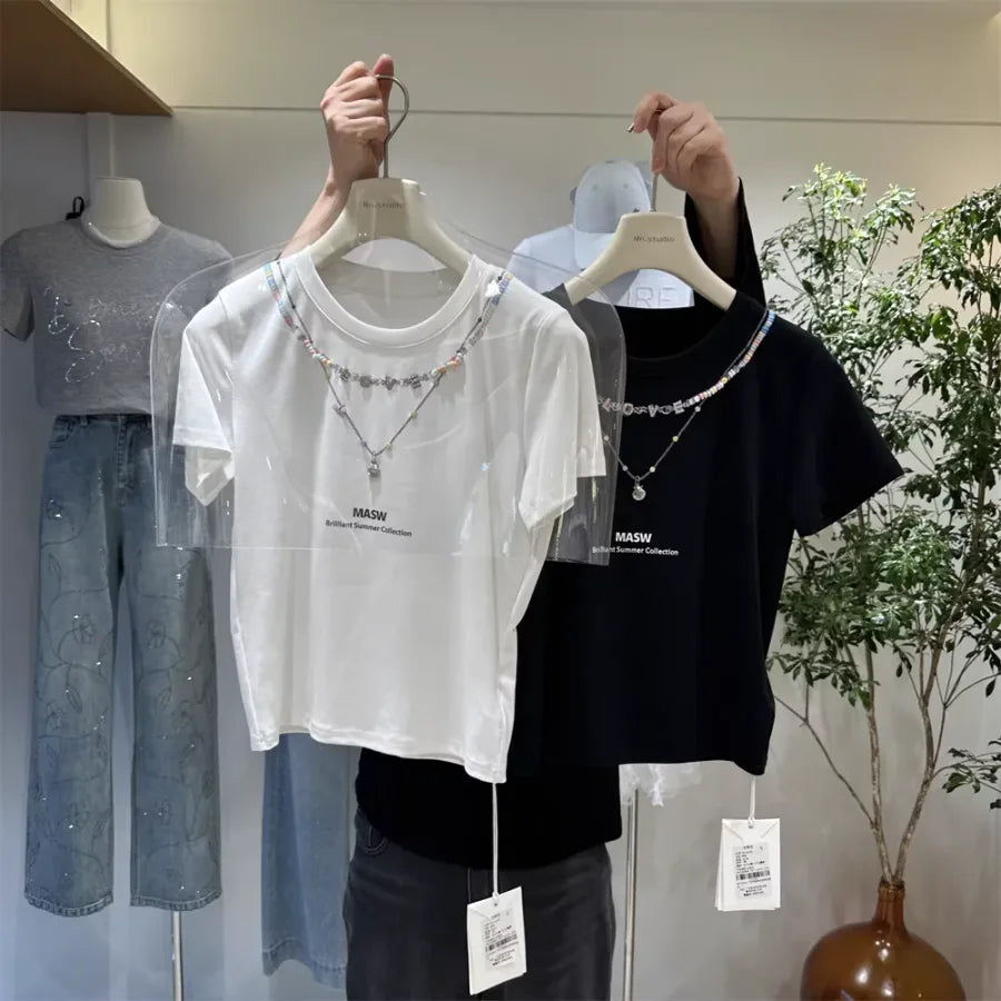 A126 - 220g Heavyweight Cotton T-Shirt with Pre-Layered Beaded Necklace Design - Brilliant Summer Collection Boutique Tee (Available in 4 Colors)