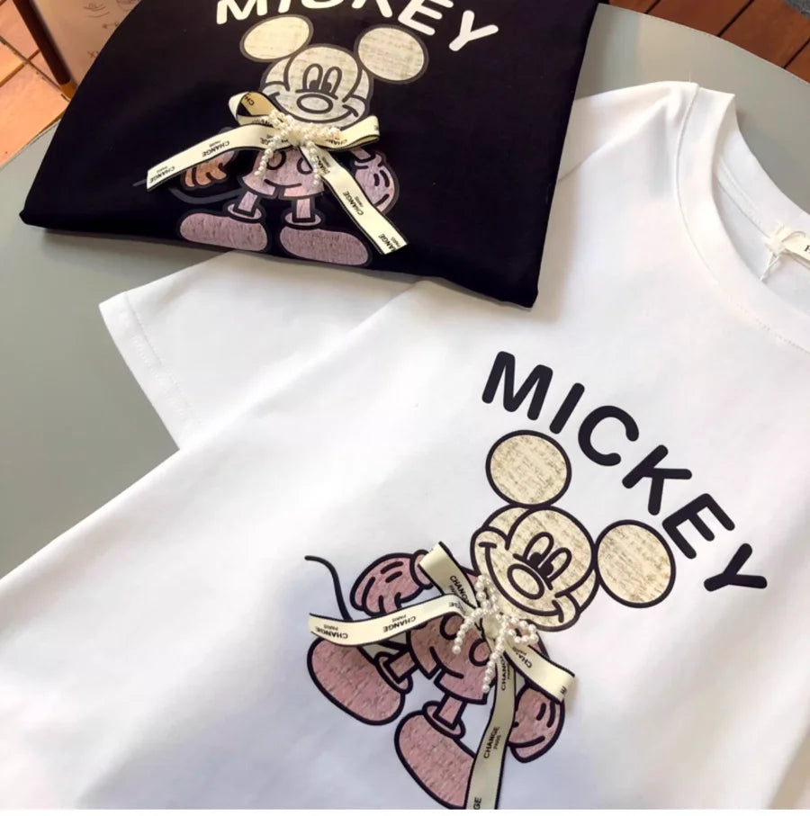 A143 - Luxury Handcrafted Pearl Ribbon Mickey T-Shirt - 220g Premium Heavyweight Cotton
