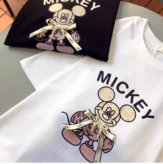 A143 - Luxury Handcrafted Pearl Ribbon Mickey T-Shirt - 220g Premium Heavyweight Cotton