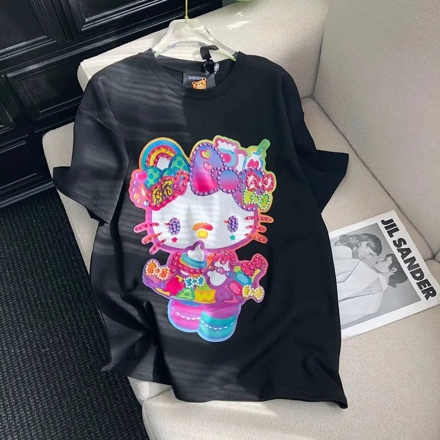 VINESU Diamond-Embellished Colorful Hello Kitty Short Sleeve 🌸