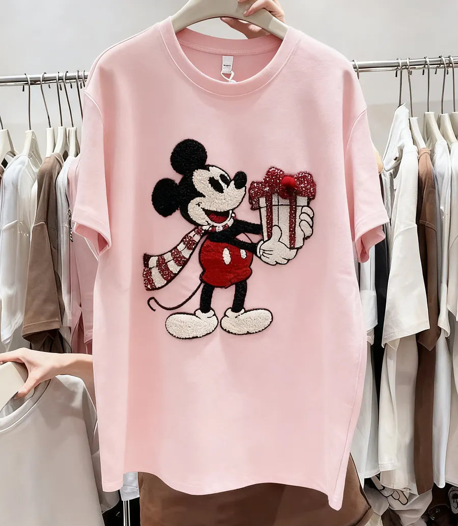VINESU Christmas MK Mouse Textured Embroidered Red Short-Sleeve T-Shirt