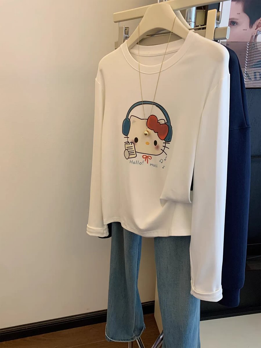 VINESU A44 Women’s Oversized Hello Kitty Headphone Graphic Long Sleeve Tee | Sanrio Coquette Top