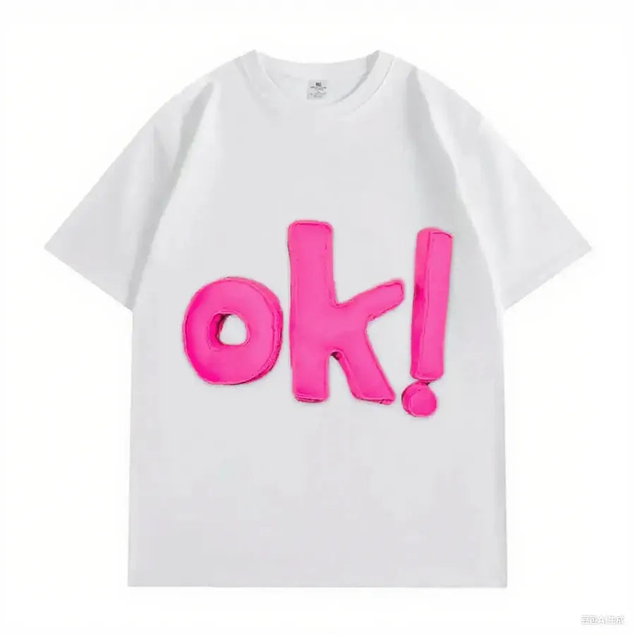 VINESU OK! Letter 3D - Decorated White T-shirts 💗 Unlock Casual Trendy Vibe-Pink