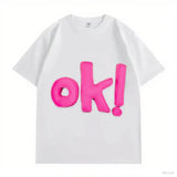 VINESU OK! Letter 3D - Decorated White T-shirts 💗 Unlock Casual Trendy Vibe-Pink