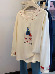VINESU A43 Women’s Oversized Cat Graphic Long Sleeve Tee | Heart Accent Coquette Top