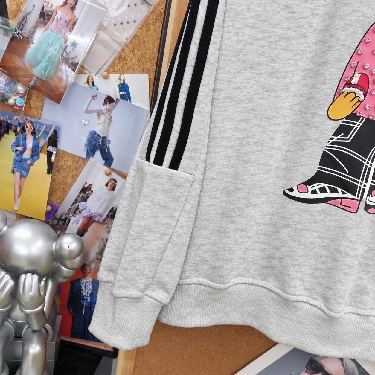 B08 - Pink Rhinestone Teddy Bear Stripe Sleeve Heavyweight Crewneck Sweatshirt