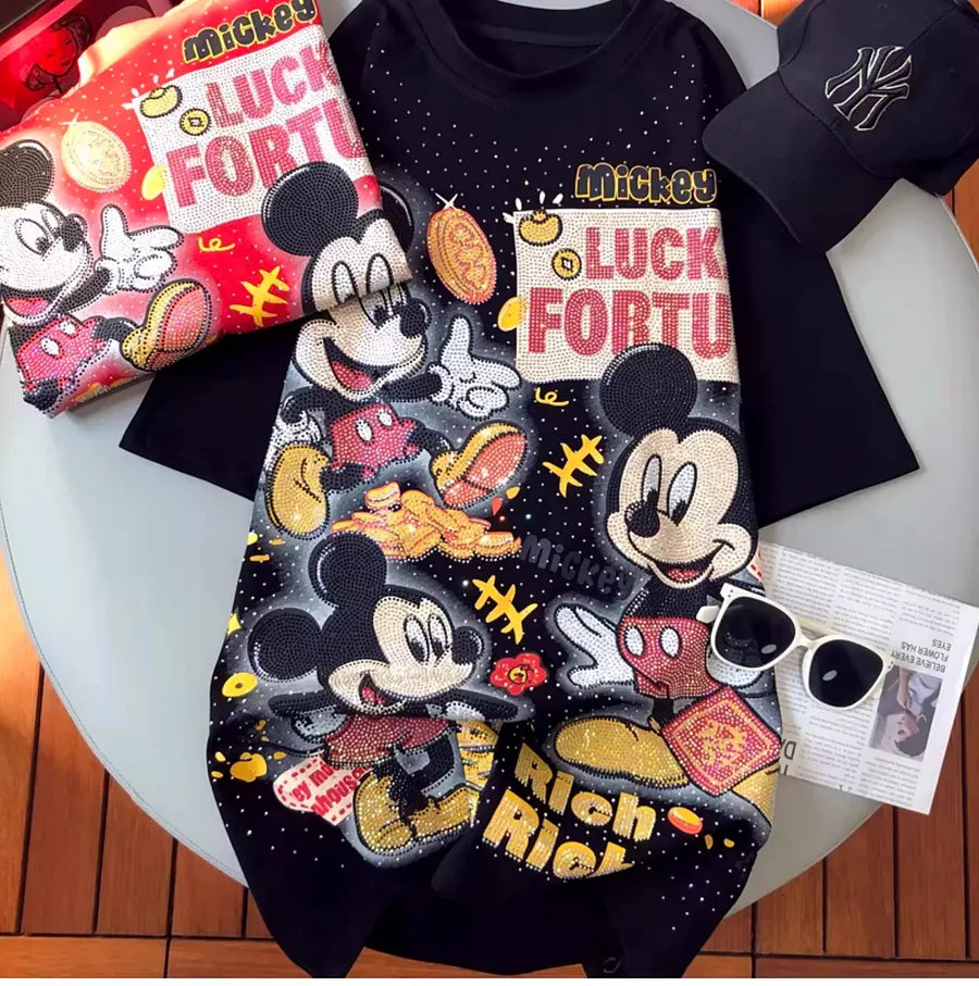 VINESU A09 - Lucky Fortune Mouse Oversized Tee with Custom Rhinestones