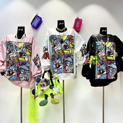 VINESU B02 -  Hand-Studded Rhinestone Bunny Grid Oversized Sweatshirt