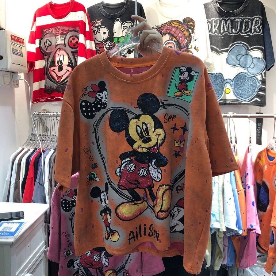 A163 - Mickey Mouse Sequin Cropped Tee - 320g Ultra-Heavyweight Premium Cotton - Boxy Fit Short Graphic T-Shirt
