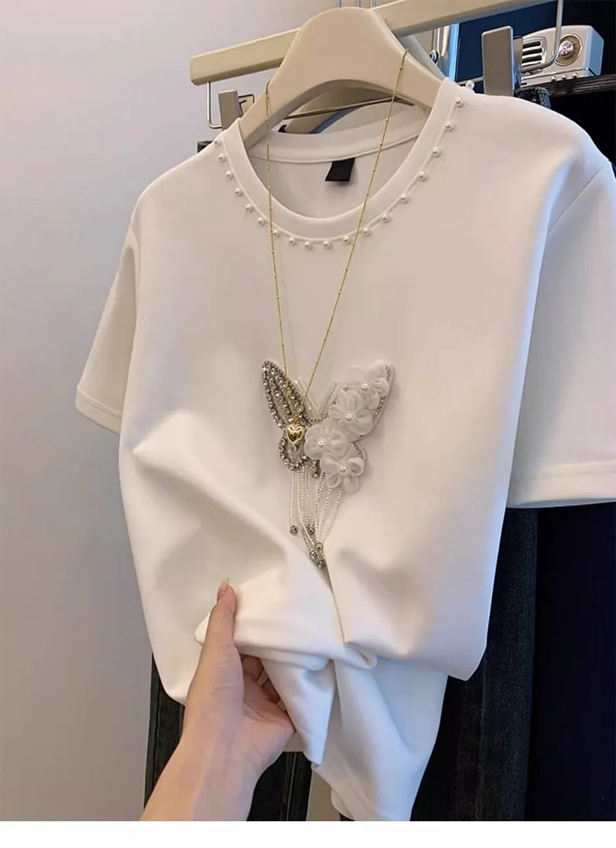 VINESU 🎀Beaded bow-decorated short-sleeved T-shirt