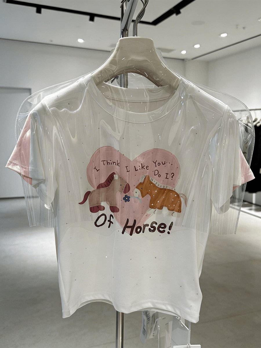 A182 - "Of Horse" Funny Graphic Tee - Sparkling Rhinestone & Embroidered Pony - 220g Premium Heavyweight Cotton