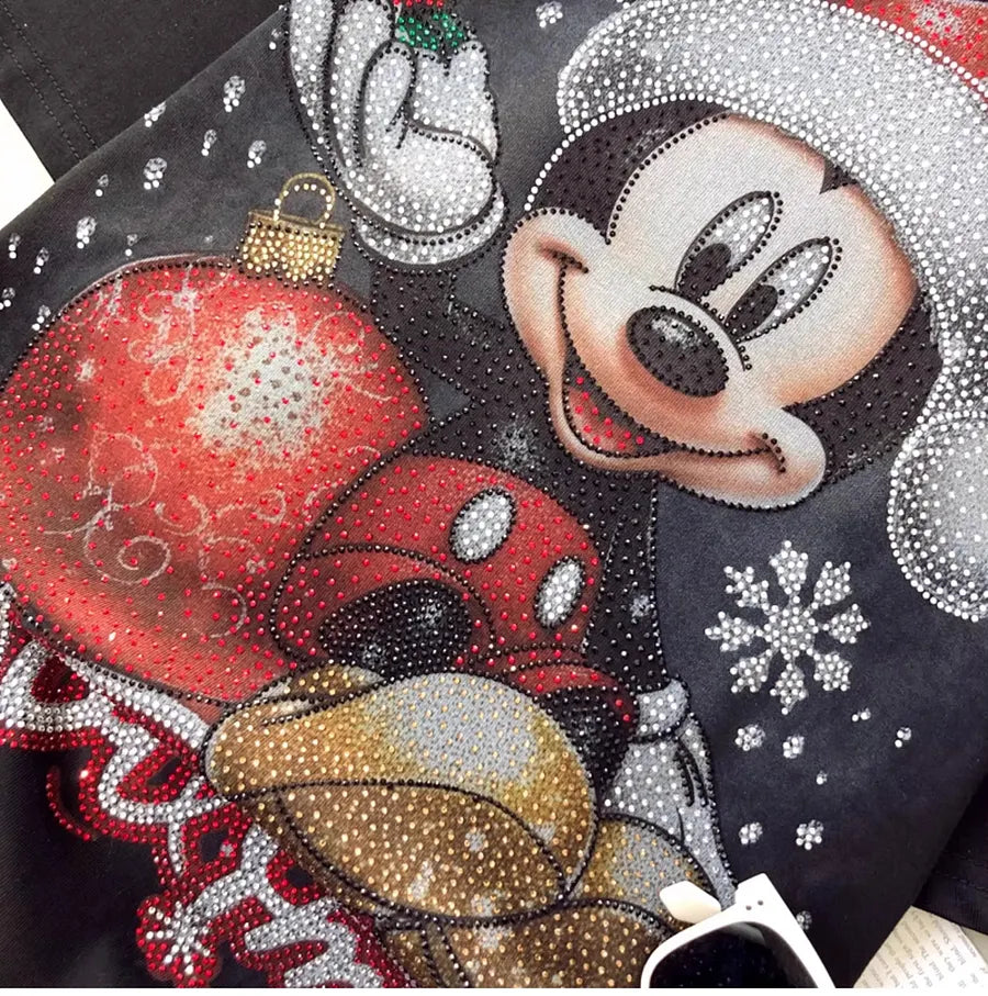VINESU A08 - New Arrival Christmas Mouse Rhinestone Oversized Tee