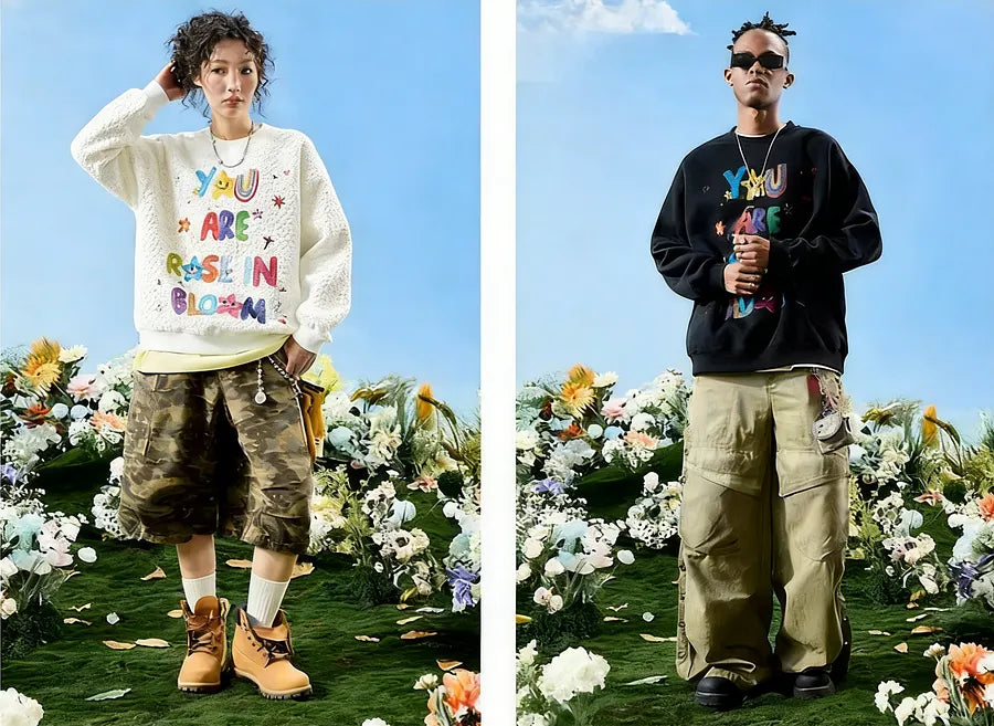 VINESU A36 - Oversized Hand-painted "You Are A Rose In Bloom" Graphic Sweatshirt, Colorful Y2K Aesthetic Pullover