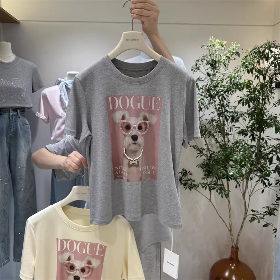 A116 - Premium 220 GSM Cotton Graphic Tee - "DOGUE" Schnauzer with Hand-Stitched Pearls & 3D Crystal Glasses