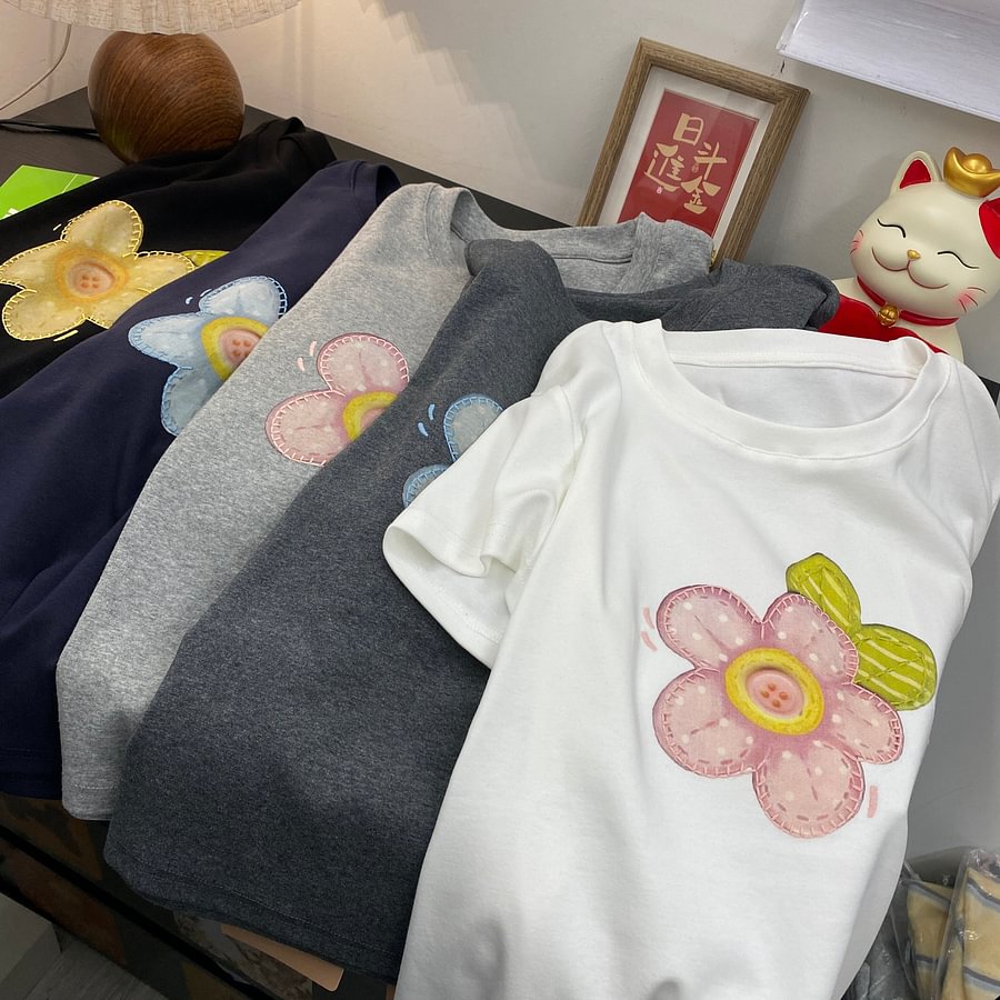 A187 - Embroidered Floral Graphic Tee - Hand-Finished Wildflower Detail - 220g Premium Heavyweight Cotton