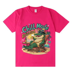 VINESU 100% Cotton Oversized T-Shirt: Chill Mode Activated Crocodile Vacation Graphic Print