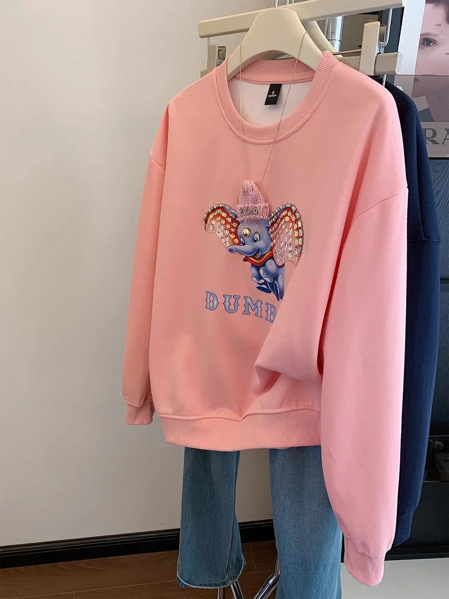 VINESU Dumbo Sweatshirt - with ears covered in shiny rhinestones and wearing a three - dimensional plush small hat