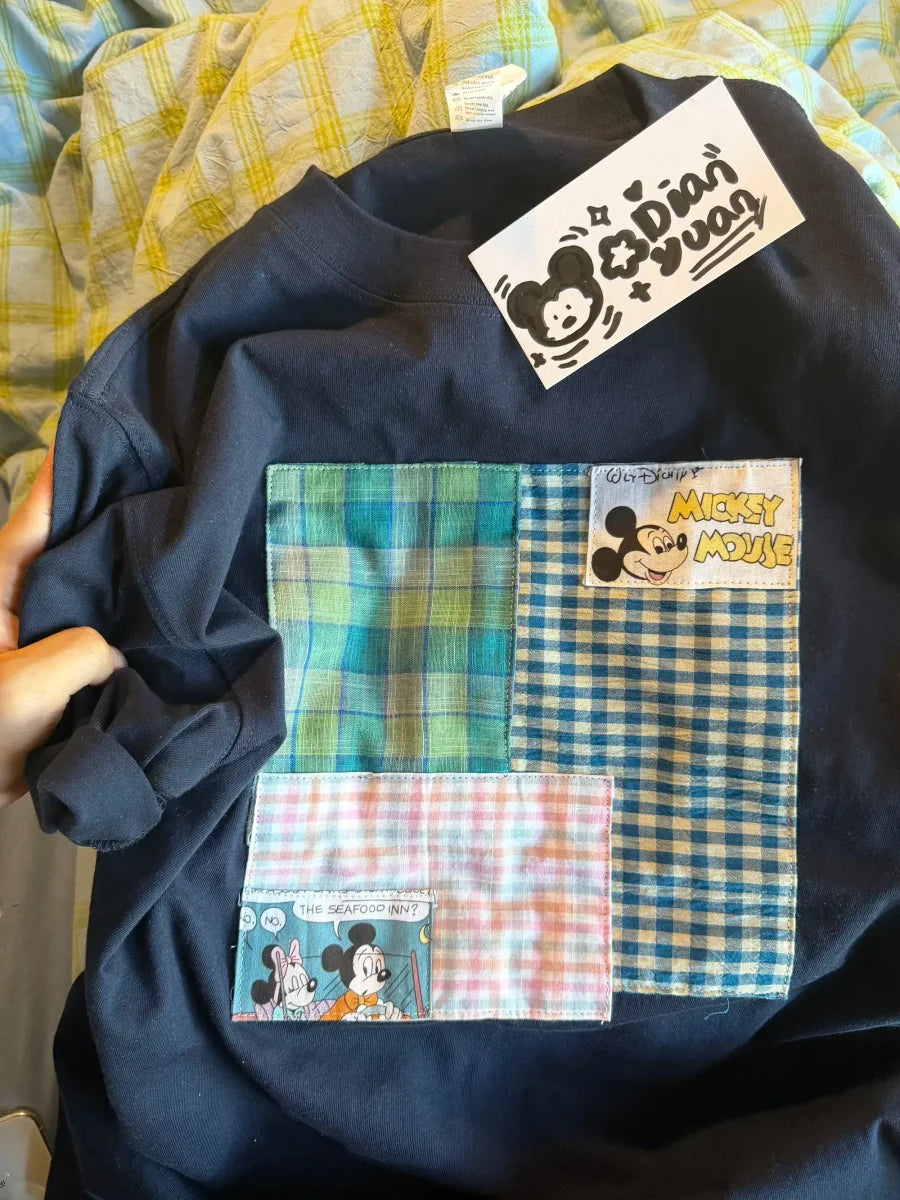 A114 - Handcrafted Patchwork Mickey Mouse Heavyweight Tee – Retro Americana Series