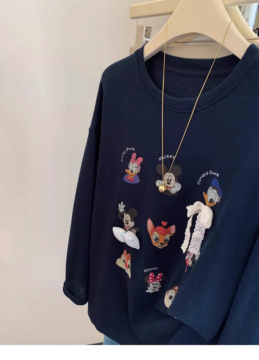 VINESU Navy Blue Vibe! Cartoon Printed Long-Sleeve T-Shirt with Style