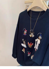 VINESU Navy Blue Vibe! Cartoon Printed Long-Sleeve T-Shirt with Style