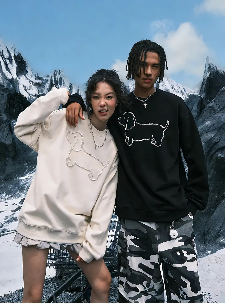 VINESU A35 - Oversized Pearl-Embellished Dachshund Graphic Sweatshirt, Couple’s Matching