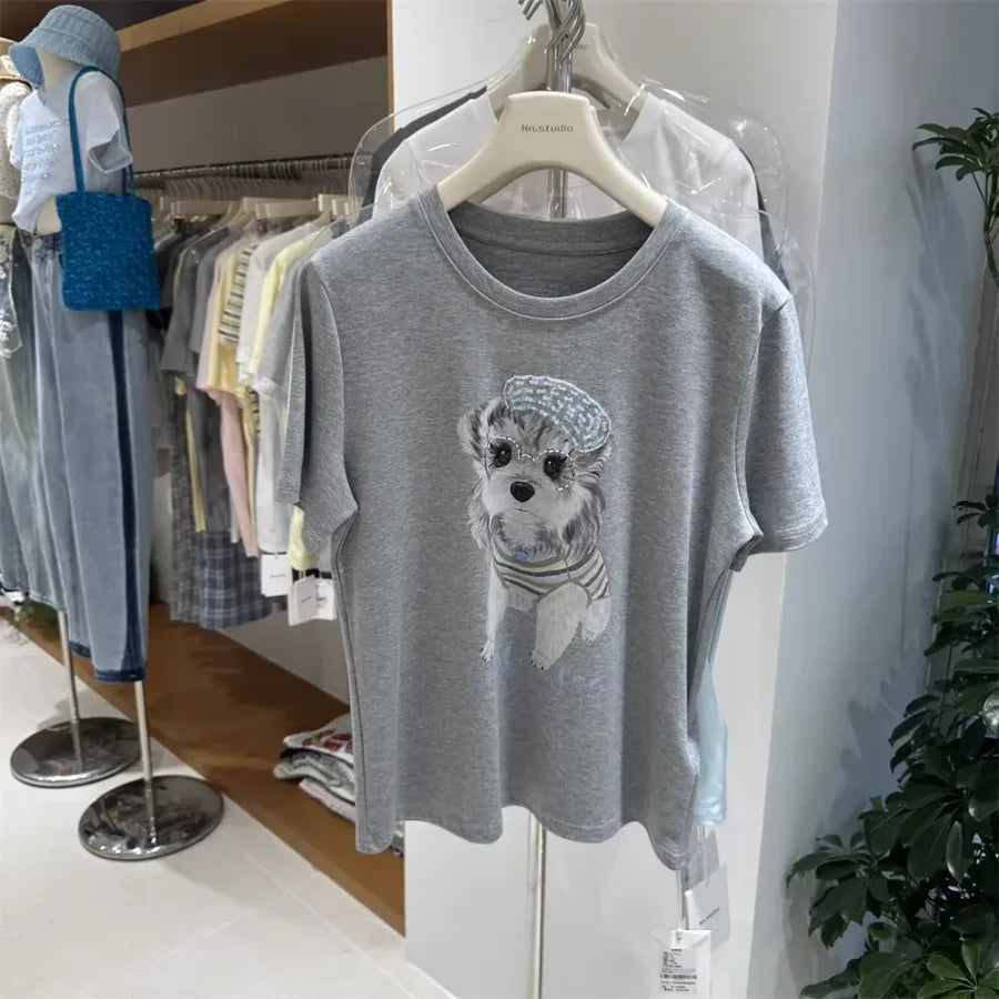 A127 - 220g Heavyweight Cotton Poodle Graphic Tee - 3D Terry Cloth Embroidery Dog & Heart Balloon T-Shirt - Premium Boutique Summer Top