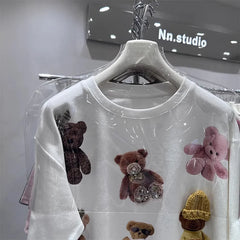 VINESU All-Over Teddy Bear Embroidery Heavyweight Tee