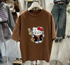 VINESU Magic Style Hello Kitty Rhinestone Glasses Embroidered T-Shirt