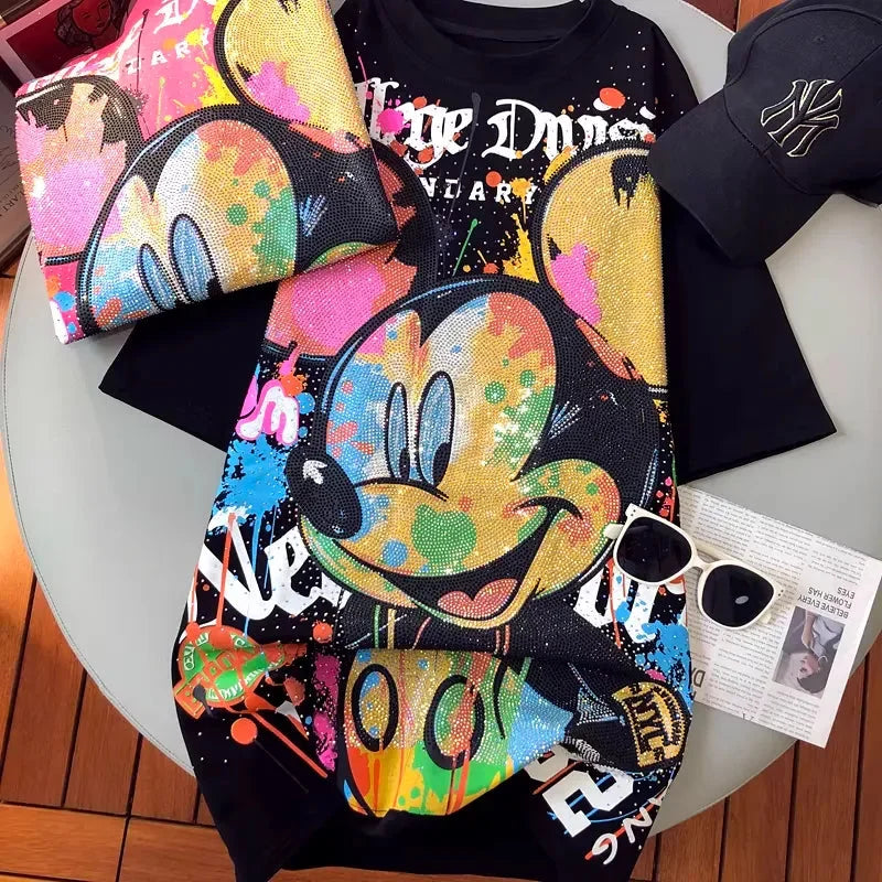 VINESU MK06 - Full Rhinestone Graffiti Mickey Oversized Cotton Tee