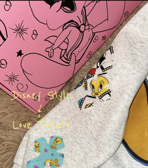 Vinesu A57 - Handmade Retro Tweety Bird Patchwork Crewneck | Oversized Heather Gray 90s Aesthetic Sweatshirt