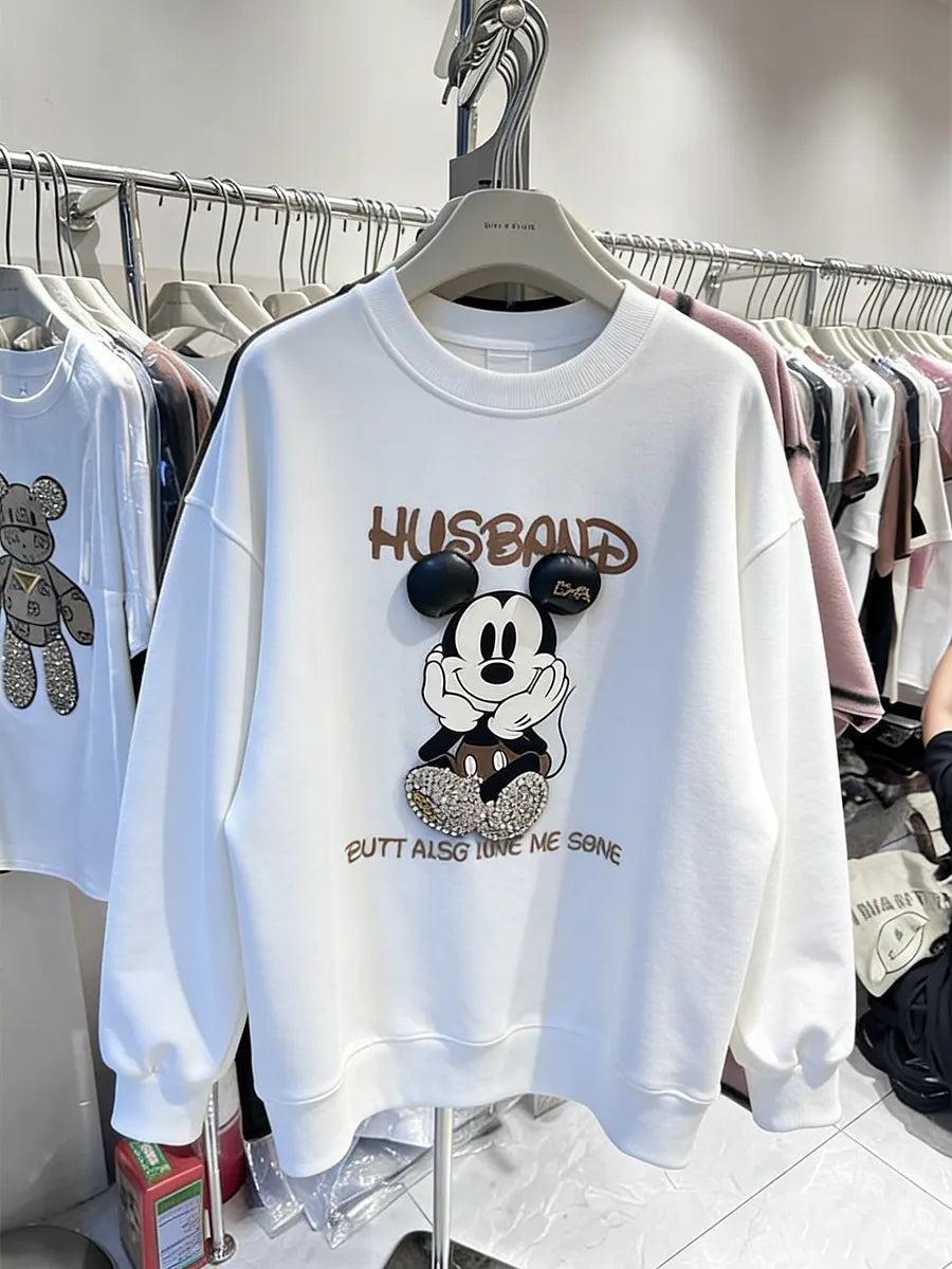 VINESU Rhinestone Retro Cartoon Sweatshirt - 3D Bling Design, Sweet-Cool Street Style