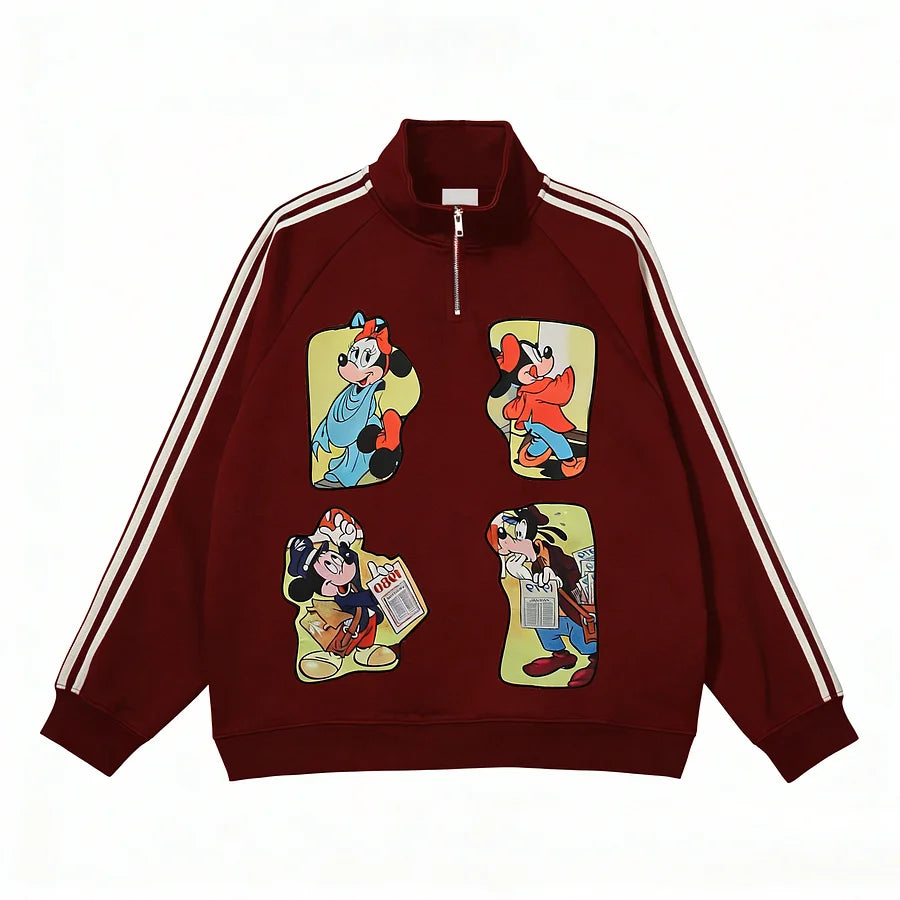 Vinesu A77 - Vintage Mickey-Inspired Half-Zip Sweatshirt | Loose Striped Raglan Top
