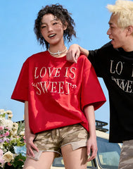 VINESU A37 - Oversized Pearl-Embellished "LOVE IS SWEET" T-Shirt, Unisex Streetwear Tee
