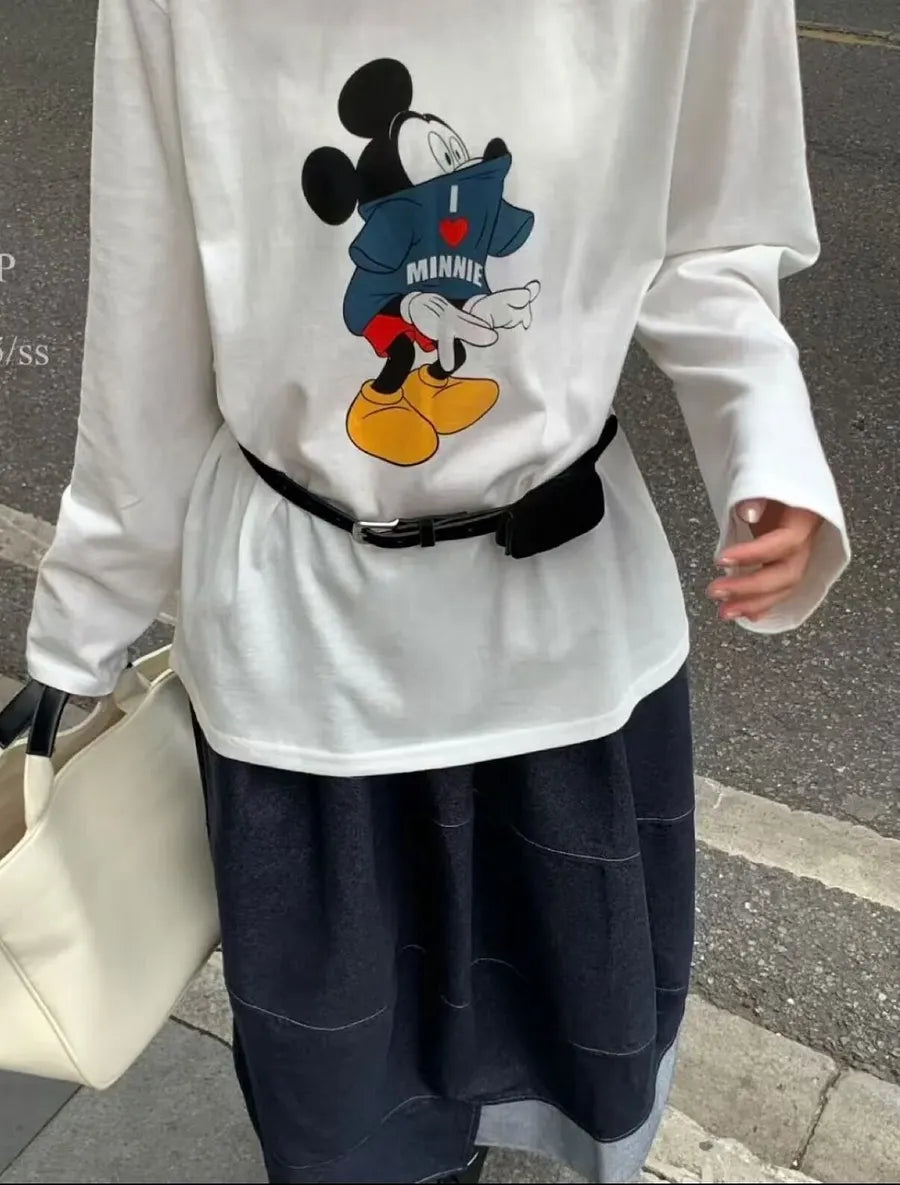 Vinesu A56 - Premium 100% Cotton Long Sleeve Graphic Tee - Cute Cartoon Mouse Print - Loose Fit Spring/Autumn Couple T-shirt in White