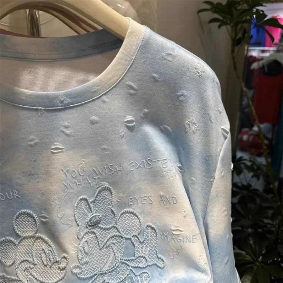 A139 - 2026 New Tie-Dye Cotton T-Shirt: Mickey Mouse Embroidery, Distressed Holes, and Hand-stitched Beadwork Flowers