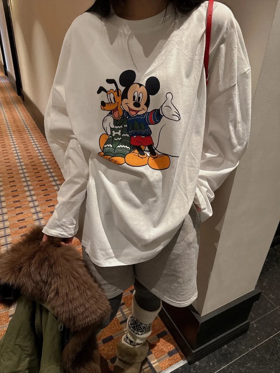 Vinesu A56 - Premium 100% Cotton Long Sleeve Graphic Tee - Cute Cartoon Mouse Print - Loose Fit Spring/Autumn Couple T-shirt in White