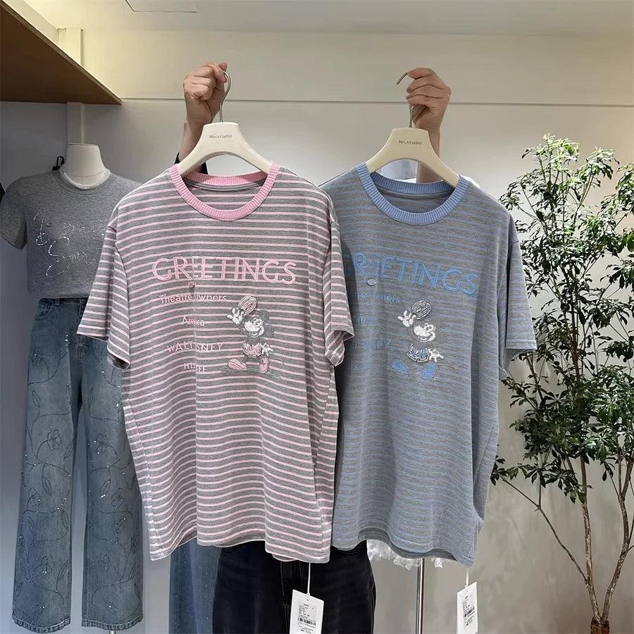 A133 - 2026 Urban Retro Mickey Striped Tee | 300g Heavyweight Premium Cotton | Oversized Summer Essential